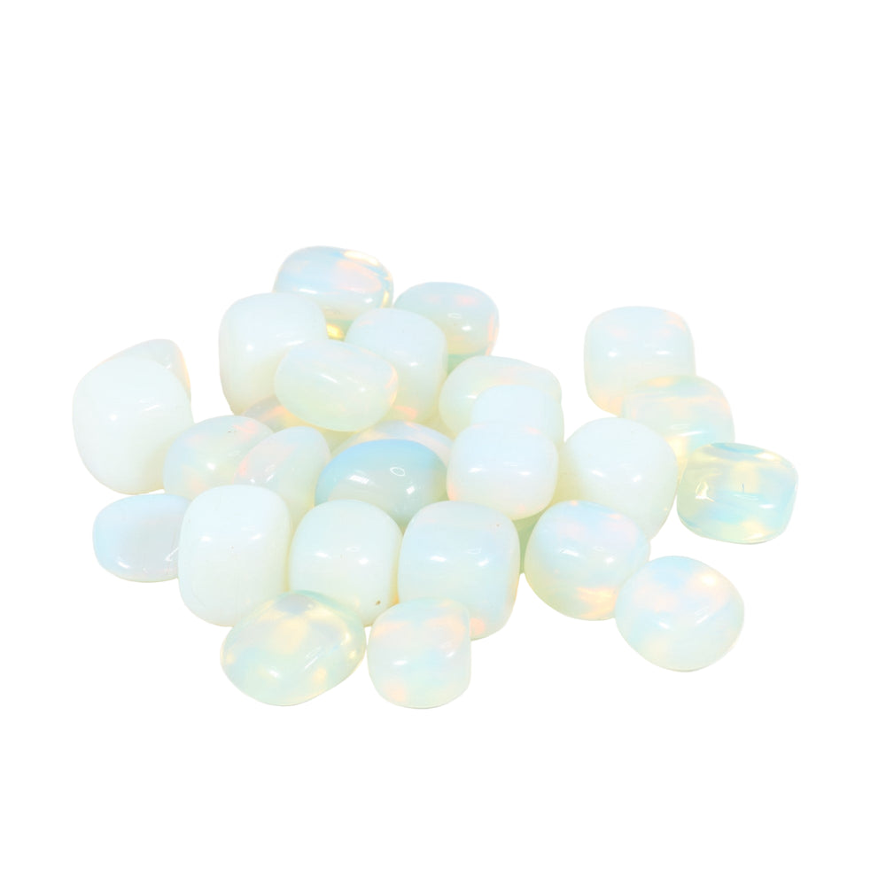 Tumbled opalite stones, smooth and translucent milky white, featuring iridescent blue and orange flashes on a pure white background