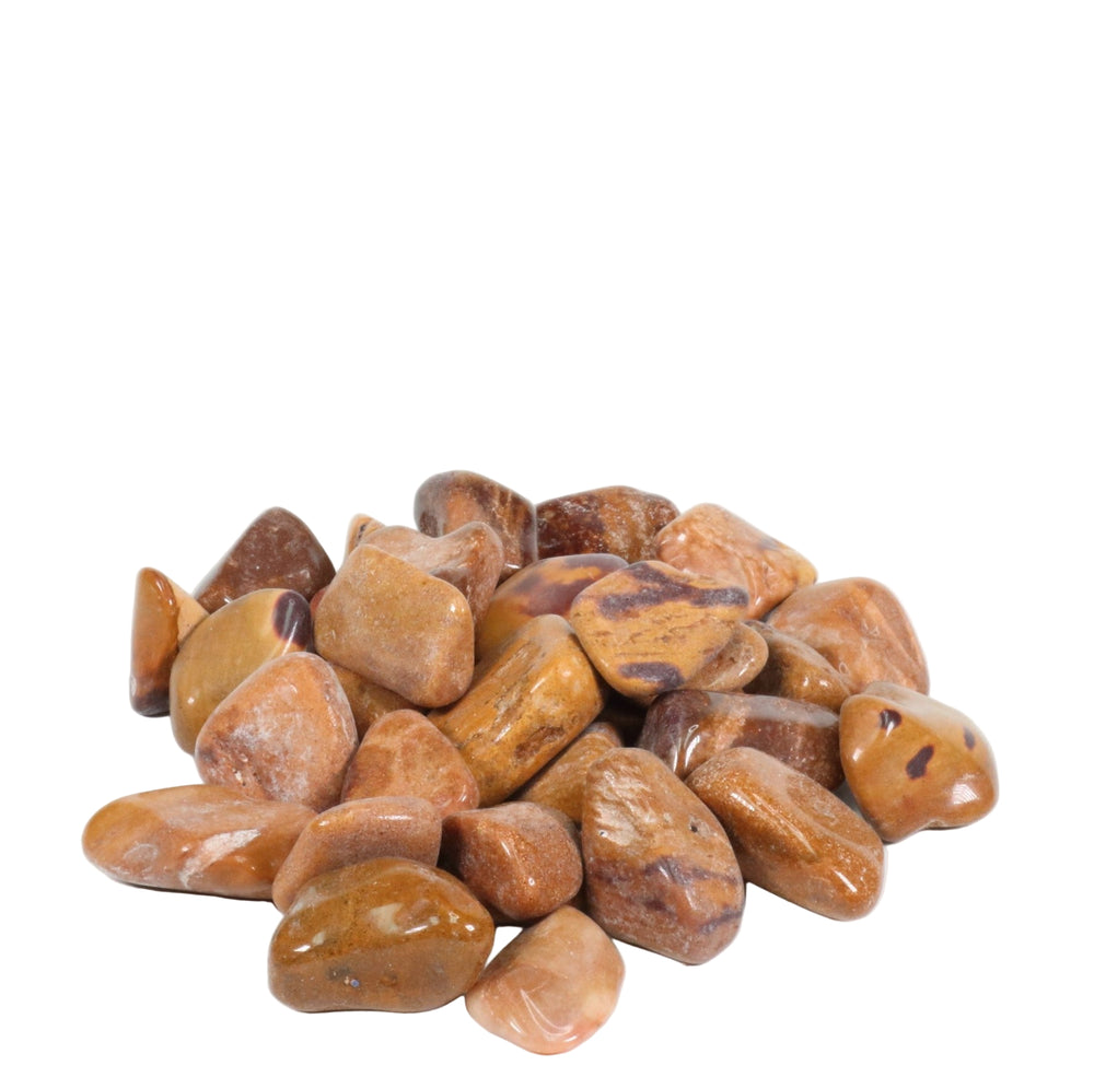 A pile of polished earthy brown and tan stones featuring some with darker streaks and spots, displayed against a clean white background