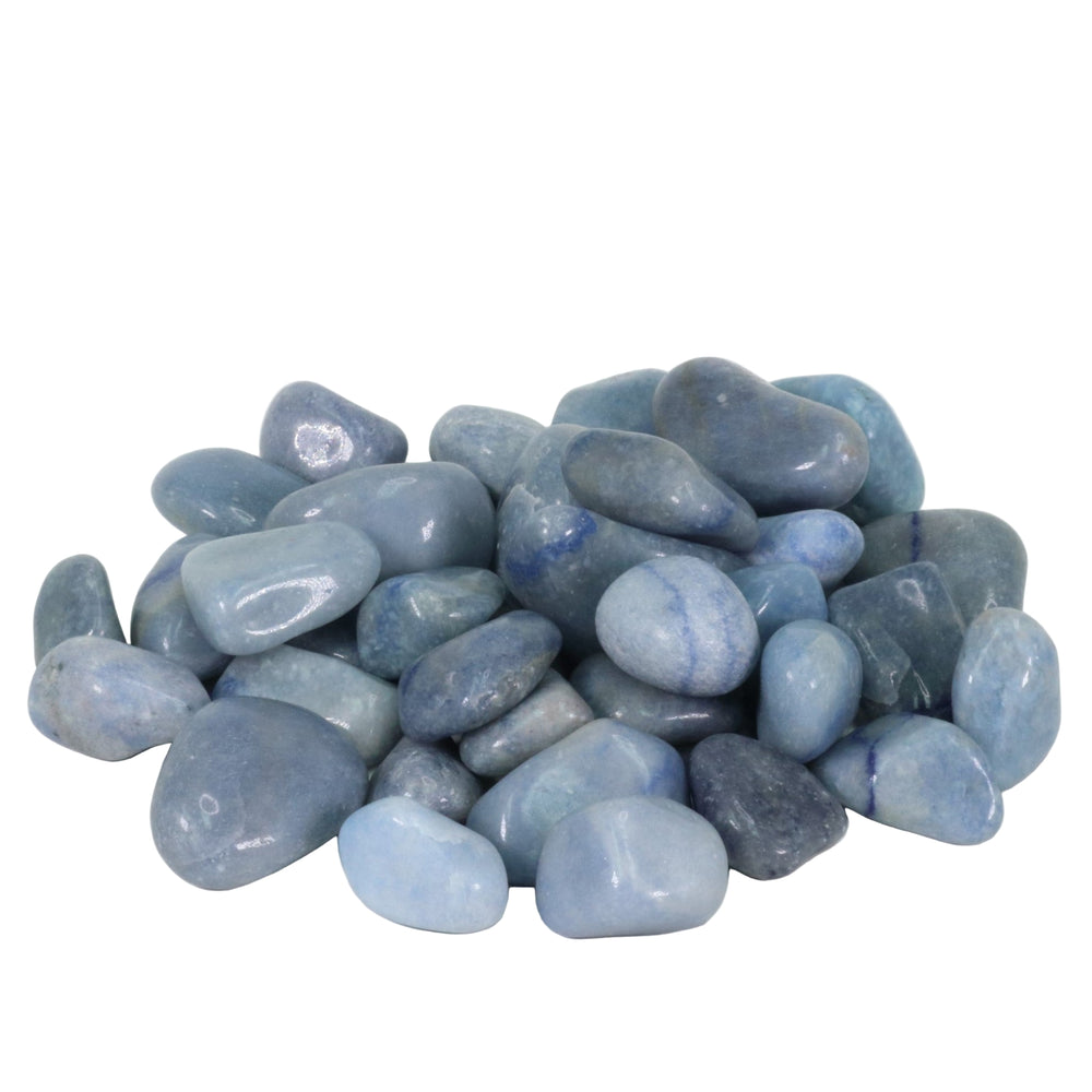 Photograph of a pile of smooth tumbled blue stones featuring varied shades from light sky blue to deeper indigo, with some stones showing subtle white striations and polished surfaces