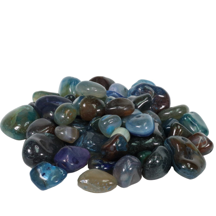 Tumbled polished natural stones showcasing a diverse pile of smooth, glossy blue, teal, green, brown, and purple hues