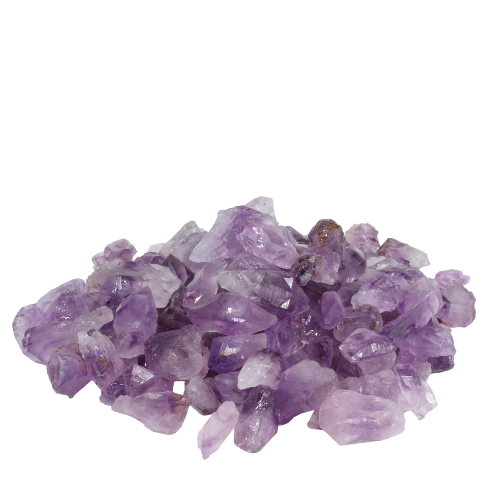 A pile of raw amethyst crystals showcasing various shades of translucent purple, jagged edges, and natural crystalline forms