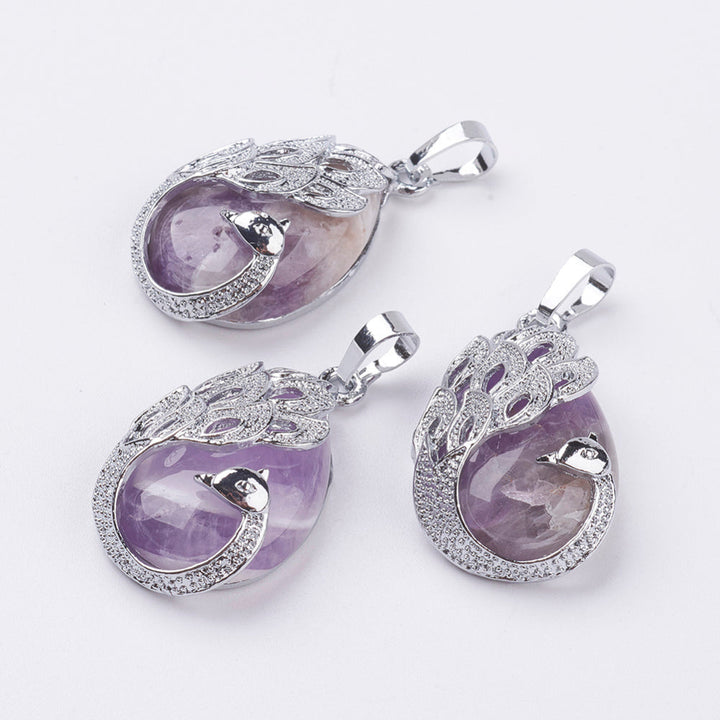 Handcrafted Teardrop Necklace - Natural Amethyst Gemstone with Peacock Motif